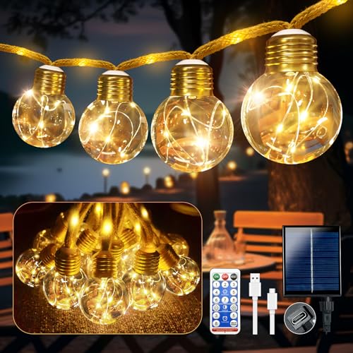 Ciskotu 32.8Ft/10M Solar Lights Outdoor Garden, 160 LEDs Garden Lights Solar Powered Hemp Rope Waterproof with Remote, 15 pcs G40 Bulbs 8 Modes Solar String Lights for Yard Camping Party Decor