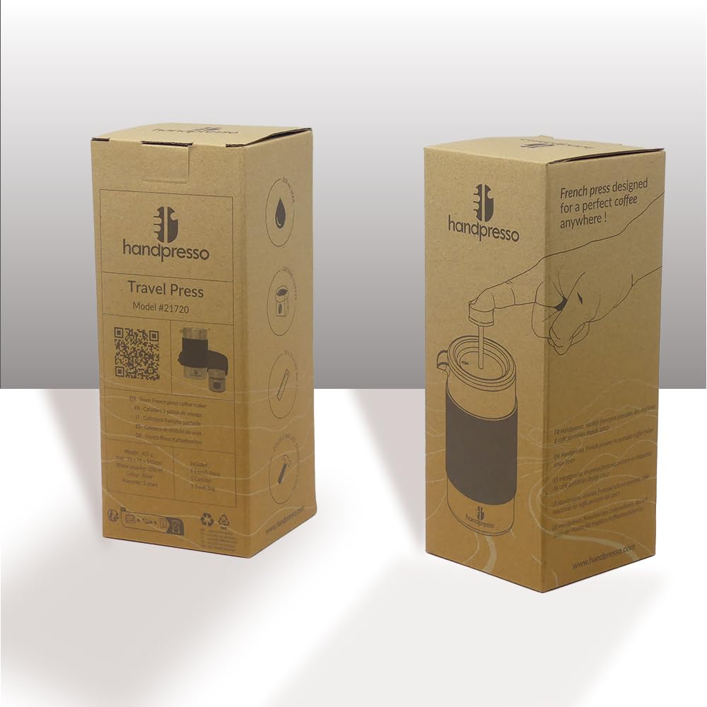 Handpresso - Travel Press mit Tasche | 0,35 Liter (2-3 Tassen) | French Press Edelstahl | Kaffeepresse doppelwandig isoliert | Thermo French Press klein für Camping oder Reisen