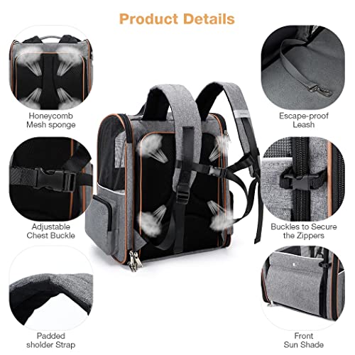 Lekebobor Large Cat Backpack Carrier Expandable Pet Carrier Backpack For Small Dogs Medium Cats Fit Up To 18 Lbs, Dog Backpack Carrier, Foldable Puppy Backpack Carrier For Travel, Hiking,Grey #TOP2