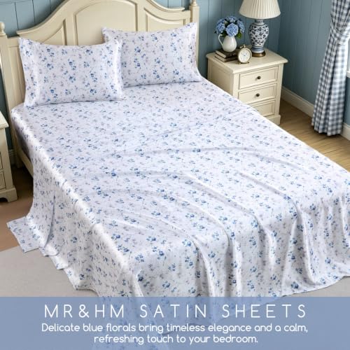 Image of MR&HM Satin Sheets Queen Size, 4 Piece Silky Floral Patterned Sheets with Elastic Corner Straps, 15 inch Deep Pocket, Soft Silk-Like Bed Sheets (Wildflower Blue)