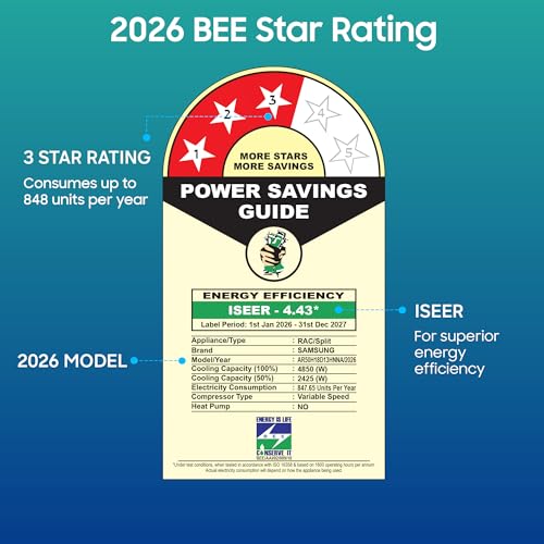 Image of Samsung 1.5 Ton 3 Star Bespoke AI Inverter Smart Split AC (2026 Model, WiFi, Energy Saving, Voice Control, Powerful Cooling, Copper, Digital Inverter, 4 Way swing, 5 Step Convertible, AR50H18D13HNNA)