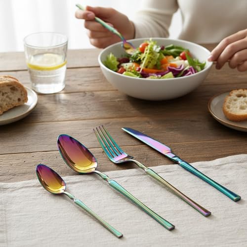 Image of Elegant Handle Rainbow 4 Pcs Stainless Steel Cutlery Set for Dining Table, Dishwasher Safe Glossy Flatware (1 Spoon Set+1 Forks Set+1 Butter Knife+1 Dessert Spoon)