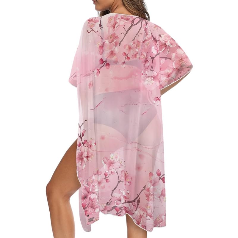 Irisjudy Women Kimono Cardigans Cover Up Beach Wear, Flowers Summer Coverups Short Sleeve Beach Swimsuit Coverups Split Hem