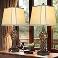 28.5" high Vintage Brown Table Lamps Set of 2 - Bedside Lamp with Faux Silk Shades - for Bedroom and Living Room with USB and Nightlight - Perfect for Nightstands and Bedrooms (Bulb Included)