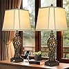 285 high Vintage Brown Table Lamps Set of 2 Bedside Lamp with Faux Silk Shades for Bedroom and Living Room with USB and Nightlight Perfect for Nightstands and Bedrooms Bulb Included