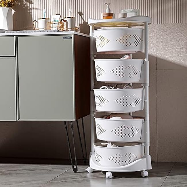 WOQLIBE 5 Tier Kitchen Round Rotating Storage Rack, Rolling Fruit and Vegetable Storage Basket Cart for Kitchen, Living Room, Bedroom, Bathroom, White-KnOMCA2r
