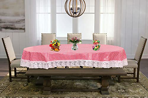 Image of The Furnishing Tree Waterproof PVC Oval Shaped 4 to 6 Seater Table Cover WxL 54x78 inches Pin Check Pattern Pink with White Border lace