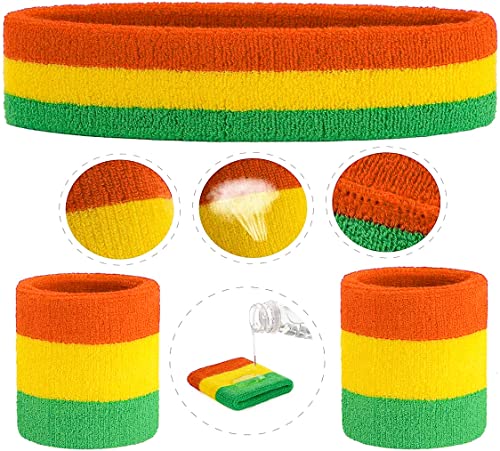 Image of Toyshine Cotton 3 Pieces Sweatbands Set, Includes Sports Headband And Wrist Sweatbands Striped Sweat Band For Athletic Men And Women - Orange Yellow Green