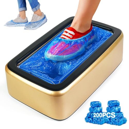 YJDayy Automatic Shoe Cover Machine with 200pcs Disposable Shoe Covers Shoe Cover Dispenser Shoe Cover Machine Shoe Covers Disposable Non Slip Waterproof, Suitable for Indoor (Gold-Black Cover)