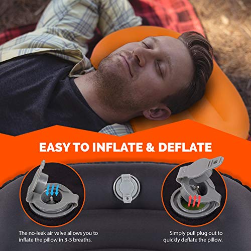 Rugged Camp Camping Pillow - Inflatable Travel Pillows - Multiple Colors - Compressible, Lightweight, Ergonomic Head Neck Support Camping Plane Travel - Lumbar Back Support (Orange/Black)