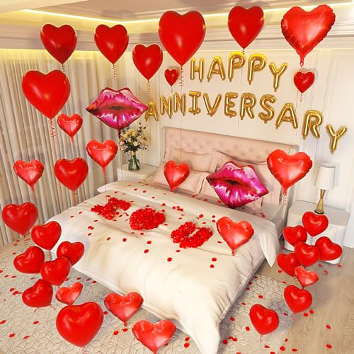 Baolaiballoon 67 Anniversary Decorations, Happy Anniversary Banner, Latex Heart Balloons, Foil Heart Balloons, Red Silk Rose Petals For Romantic Night Weddings Bridal Showers Bachelorette Party Decorations cover