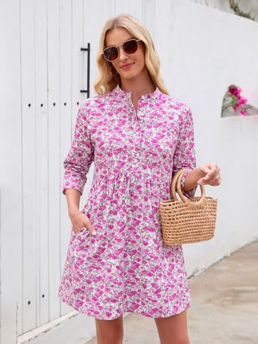 Image of EZAPINE Floral Dress for Women 3 /4 Sleeve Shift Boho Cotton Shirt Dresses | Button Up,Summer,Mini,Above Knee,Casual,for Picnic,Vacation