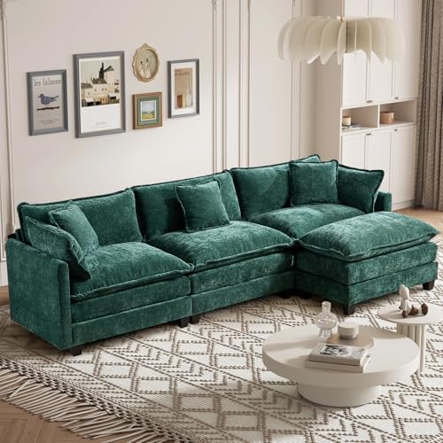 SoarTalent 111.5” Modular Sectional Sofa L-Shaped Convertible Couches, 3 Seater Chenille Deep Seat Cloud Couch with Pillows and 1 Ottoman for Living Room, Apartment, Office(Green)