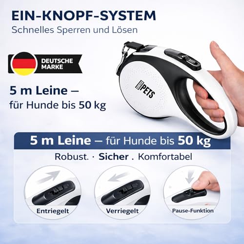 CORTES PETS Rollleine Hundeleine für mittlere und große Hunde 5m - bis 50kg - Ausziehbar mit Bremsknopf - Ausziehleine mit Kotbeutelhalter Ink 15 Beutel - EIN-klick-Befestigung - Flexi ble Leine Hund