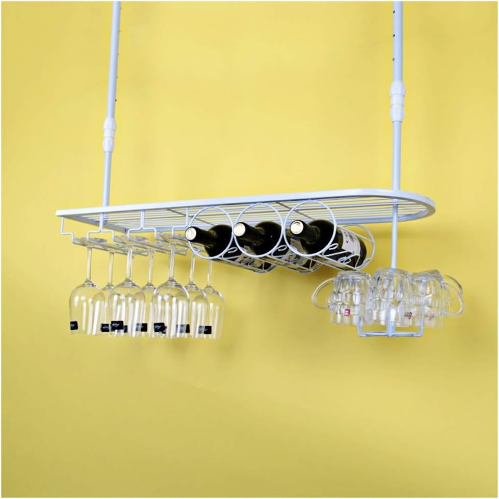 Étagère à vin réglable au plafond en métal noir avec support pour verres à pied suspendus