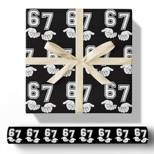 NeoJoy 67 Wrapping Paper Funny 6 7 Meme Kids Boy Birthday Christmas Gift Wrap Black Bag Party Decoration 17x29.5 10 Sheets In A Roll