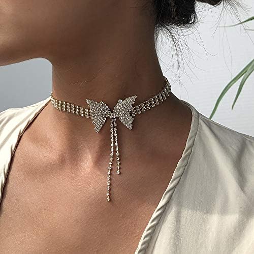 BSLVWG Bride Gold Rhinestones Necklaces Butterfly Crystal Choker Necklace Sparkly Nightclub Party Jewelry Accessories for Women and Girls