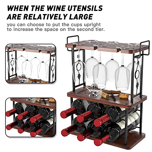 Visentor Freestanding Wine Rack, 3 Tier Wood Metal Wine Racks, Tabletop Wine Glasses & Cork Holder Organizer, For Bar Decor, Kitchen Pantry Cabinet Countertop, Hold 6 Wine Bottles And 6 Glasses #TOP2