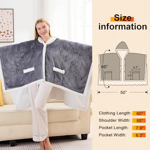 Wearable Heated Throw Blanket Electric Shawl ,Christmas Birthday Gifts for Grandma,Gift for Mom and Elderly Women,Heated Robe Poncho Blanket Hoodie for Adult, 5-Position Timer 10-Heating Levels,Grey by greenoak - Image 5
