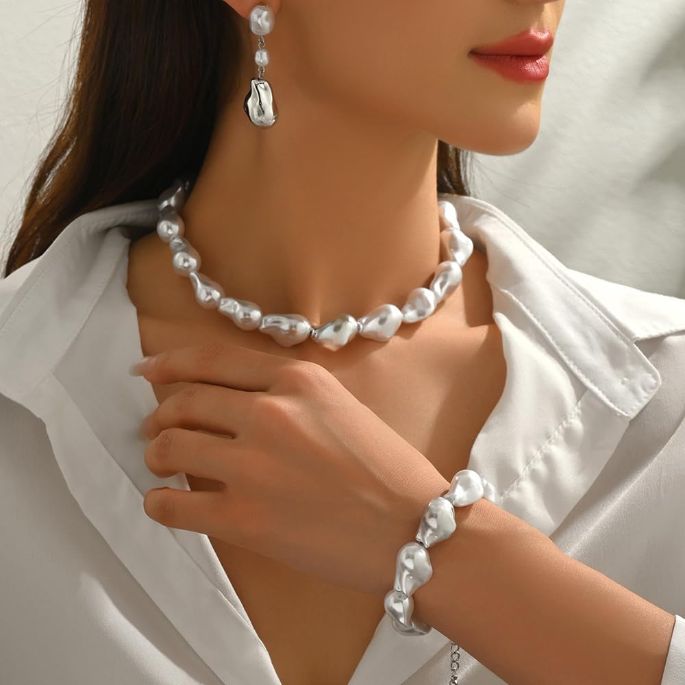 Baroque Pearl Jewelry Set for Women Chunky Pearl Choker Necklaces Earrings bracelets Set Statement Wedding Jewelry for Bride Bridesmaid - Image 2