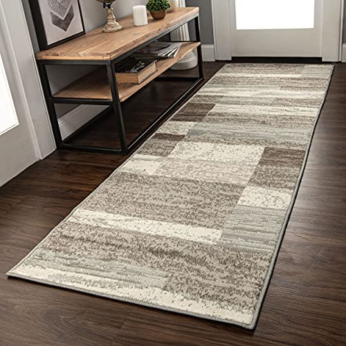Superior Rockwood Modern Geometric Patchwork Polypropylene Indoor Area Rug Or Runner With Jute Backing, 2.6' X 12', Light Blue-Ivory #TOP5