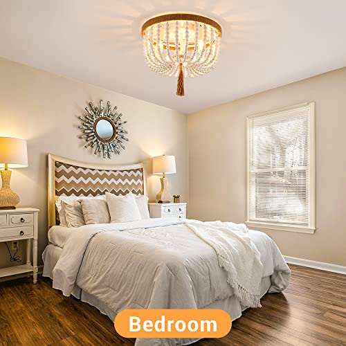 Sunovo Boho Wood Beaded Chandelier Light Fixture, 3-Lights Boho Chandelier Flush Mount Ceiling Light Wooden Beaded Rope White For Nursery Room, Kids Room, Bedroom, Hallway, Entryway Included Bulbs #TOP1