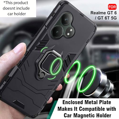 Image of TheGiftKart Tough Armor Bumper Back Case Cover for Realme GT 6 / GT 6T 5G | Ring Holder & Kickstand in-Built | 360 Degree Protection Back Case Cover for Realme GT 6 / GT 6T 5G (PC & TPU, Black)