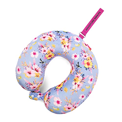 MIAMICA Purple Floral Ultra-Plush Memory Foam Travel Neck Pillow and Head Support with Easy to Carry Hands Free Strap for Comfort on Airplane Flight, Car and Home