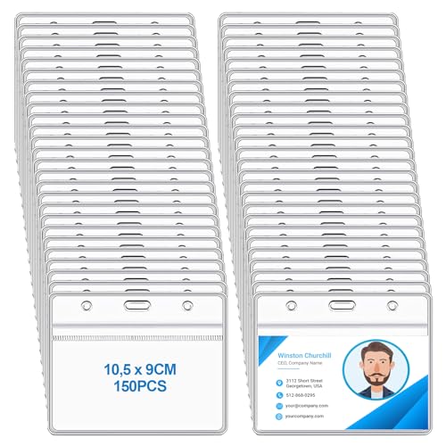 Lot de 150 Porte Badge, Horizontal En Badge Plastique, étanche Porte Badge Transparent, Badge pour Bus,Visite,Expositions,Conférences,écoles,Bureaux,étudiants,Carte d'identité, 9 x 10,5 cm