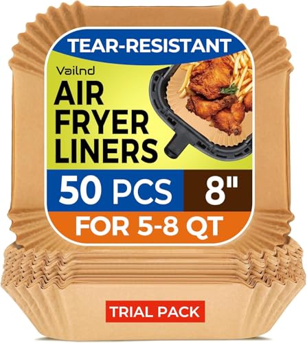 Image of Air Fryer Paper Liners, 50 PCS Air Fryer Liners Disposable, 8 inch Square Baking Liner for 5-8 qt Airfryer Basket, Non-stick and Oil Proof Parchment Paper for Oven, Pans & Baking