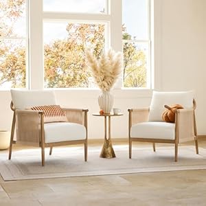 CHITA Braid Accent Chair Set of 2, Modern Armchair with Solid Wooden Armrest for Living Room and Bedroom, Boho Reading Chair, Cream