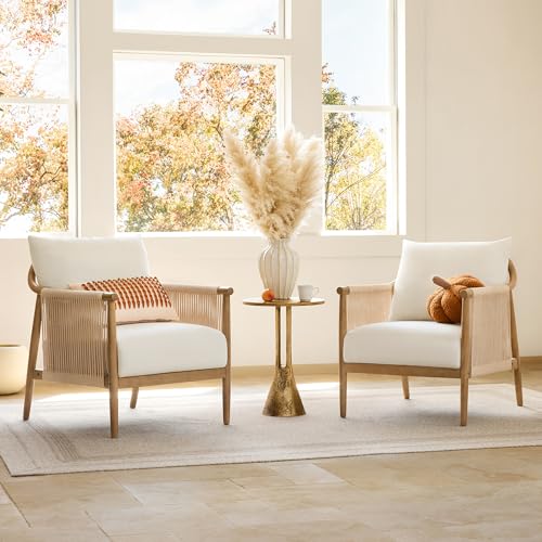 CHITA Braid Accent Chair Set of 2, Modern Armchair with Solid Wooden Armrest for Living Room and Bedroom, Boho Reading Chair, Cream