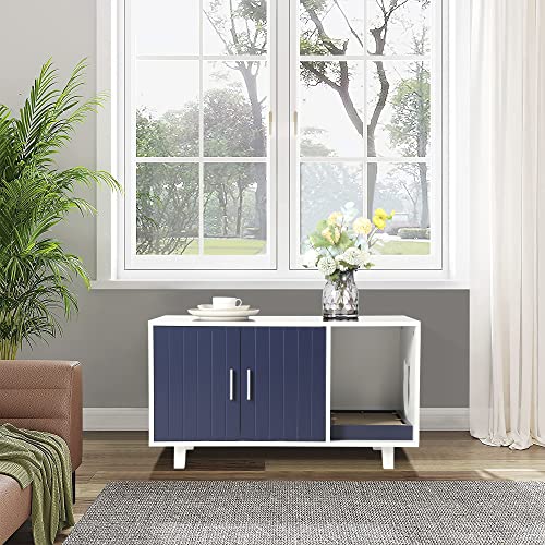 Louvixa Litter Box Enclosure, Cat Litter Box Furniture Hidden Cat Washroom Furniture House Table Nightstand With Cat Scratch Pad (White&Blue) #TOP6
