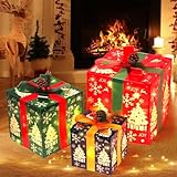 Set of 3 Christmas Lighted Gift Boxes, Pre-lit 60 LED Light Up Present Boxes with Ribbon Bows, Pine Cone & Red Berry, Battery Operated Gift Box for Xmas Tree, Yard, Home, Indoor Outdoor Holiday Decor