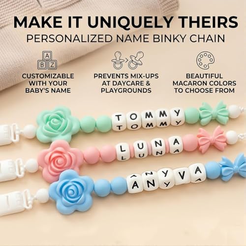 Image of Personalized Pacifier Clip with Name,Silicone Pacifier Clip with Flower Bow for Baby Handmade Pacifier Holder Fits All Pacifiers