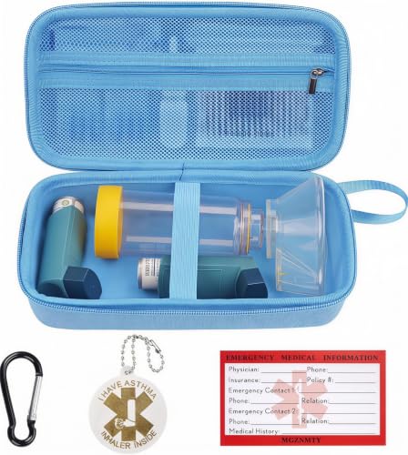 Image of MGZNMTY Travel Carrying Case Compatible with Asthma Inhaler Spacer for Adults and Children, Masks, Inhaler Holder with Asthma Alert Tag and Medical Card, Carabiner (Only Case) (Sky Blue)