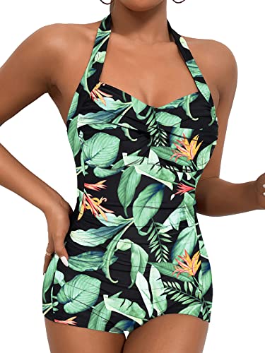 Women's Retro Tummy Control Swimsuits Halter One Piece Slimming Swimwear,Vintage Boyshorts Ruched Push Up Bathing Suit