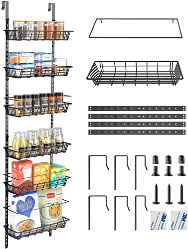 Wahopy Over The Door Pantry Organizer Rack with 6 Adjustable Baskets, 3 Fences&3 Sets of Hooks, Hanging Behind Door Organizer Shelf-Spice, Cans, Kitchen, Bathroom, Closet Storage, Steel Mental, Black