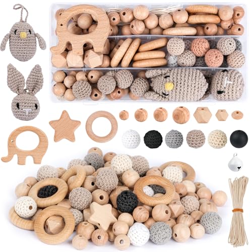 ARTREE Buchenholz Perlen Selber Machen Beech Holzperlen Rund Holzkugeln mit Loch zum Auffädeln Holzperle Holzringe Set Holzperlen Holz Perlen für basteln DIY DIY Bastelset