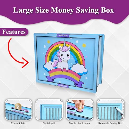 Image of Sketchfab Money Saving Box for Adult 100000, Wooden with Savings Tracker Bank Kids, Smart Piggy Bank, Box, Coin Box,Gullak Saver,Piggy Rs100000 Home Deal Gift Man, Women (Unicorn Blue)
