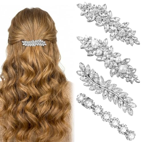 Nogeqi 4 Pcs Rhinestone Hair Clips Sparkly Crystal Fancy Hair Clip for Women Silver Hair Clips with Pearl Rhinestone Barrettes for Women Bridal Hair Accessories for Women Wedding Prom(4 Styles)