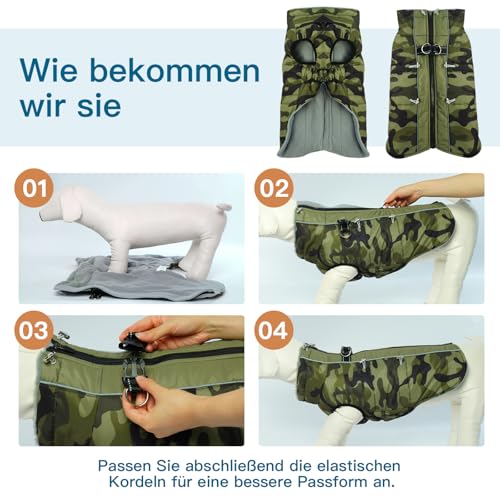 Katzinst Hundejacke Grosse Hunde, Ärmellose Wasserbeständig Schneemantel Hund, Hundemantel mit Bauchschutz, Fleecekragen Hundemantel Gefüttert für Große Hunde, Deutsche Dogge, Armee-Grün, 3XL