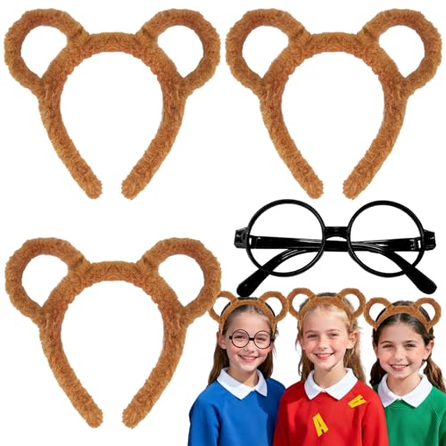 4 Pcs Chipmunks Ears Headbands with Round Frame Glasses Set Chipmunks Costume Cosplay Accessoris for Kids Adults Halloween Party Dress Up Christmas Supplies Brown