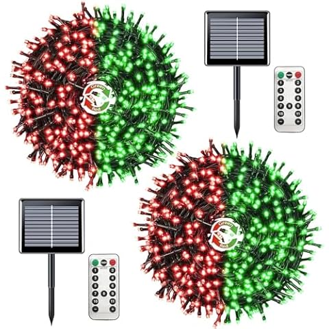 GOSMOO MKT 2 Pack Red and Green Solar Christmas Lights, Color Changing Christmas Lights with Remote, 11 Modes Solar String Lights Outdoor Waterproof for Patio Tree Christmas Halloween Decrations Cover
