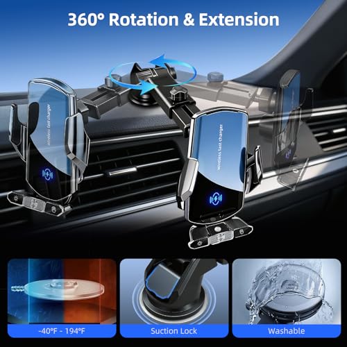 Image of Car Phone Holder,Car Mount Charger,15W Wireless Charging & 10W Magnetic Charging(3 Connectors),Auto-Clamping Hands Free,Suction Cup Mount for Windshield,Mirror & Screen,Car Accessories & Gift