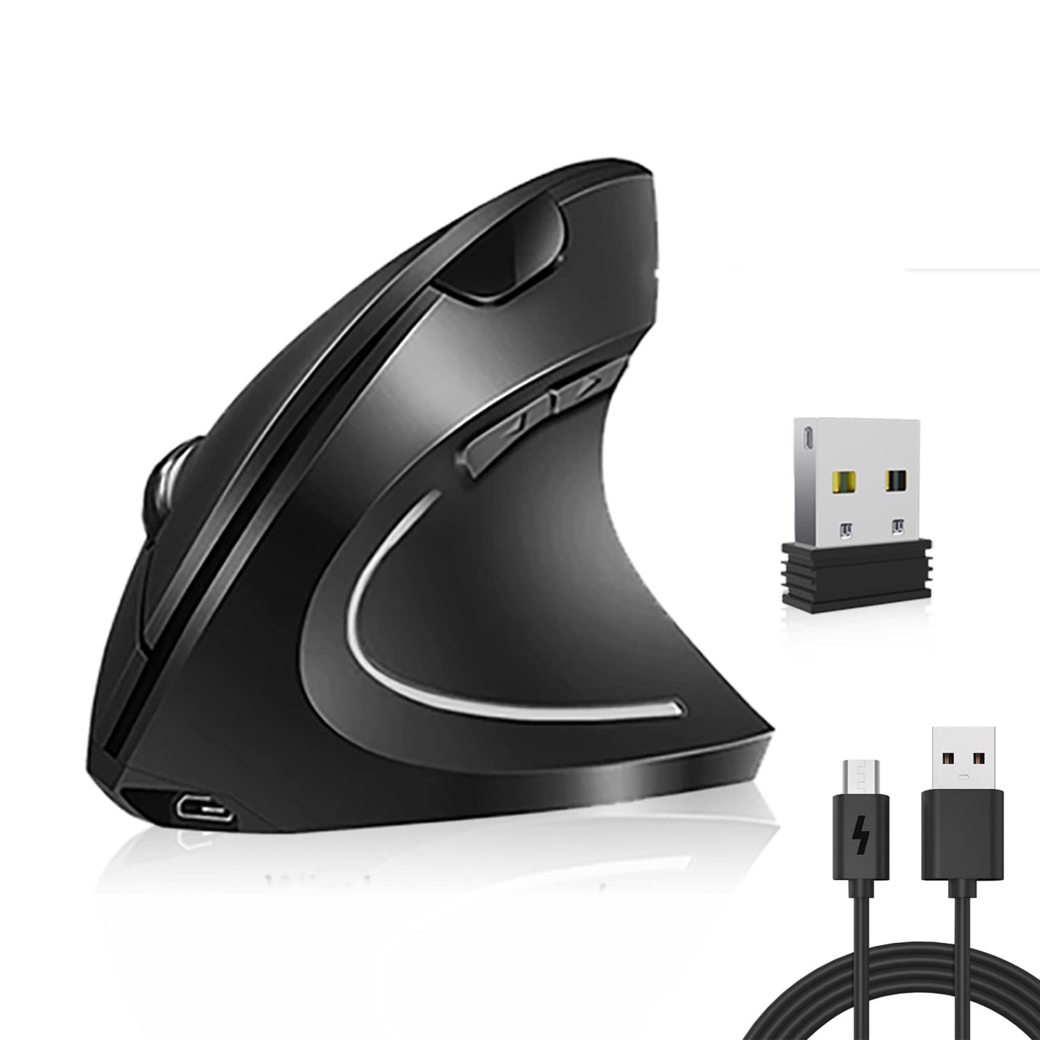 cvavot Wireless Mouse Ergonomic Mouse Rechargeable Vertical Optical Mice with USB Receiver, 6 Buttons 2.4GHz Adjustable DPI 800/1200/1600 for PC Computer,Laptop,etc（Black）
