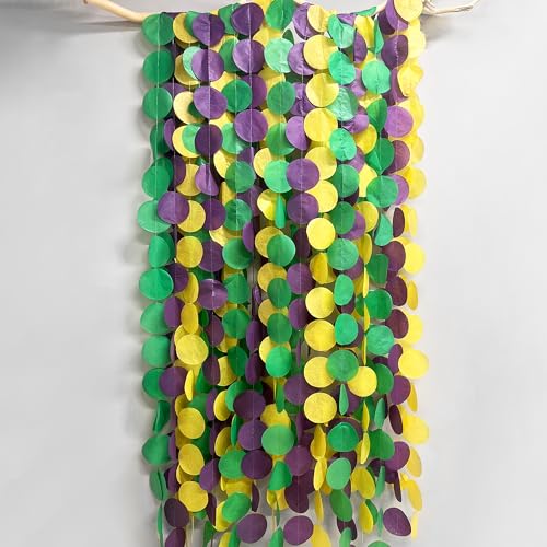 Image of 205 Ft Mardi Gras Party Decorations Purple Green Yellow Circle Dot Backdrop Garland Tissue Paper Polka Dots Hanging Streamer for Mardi Gras Birthday Wedding Baby Shower Masquerade Party Supplies
