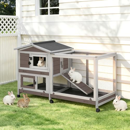 Gutinneen Large Indoor Rabbit Hutch Bunny Cage with Chew-Proof Ramp, Locking Leak-Proof Trays - Outdoor 61.2" Wooden Rabbit Cage with 6 Wheels for Rabbits, Guinea Pigs, Small Animals (Brown)