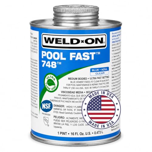 DPM Weld-On 748 Pool Fast Blue PVC Glue, Medium Bodied Ultra Fast Set Cement for Wet Pool and Spa Repairs, Bonds Pipe and Fittings up to 6 Inch, Low VOC, NSF Certified, Made in USA, 1 Pint (16 fl oz)