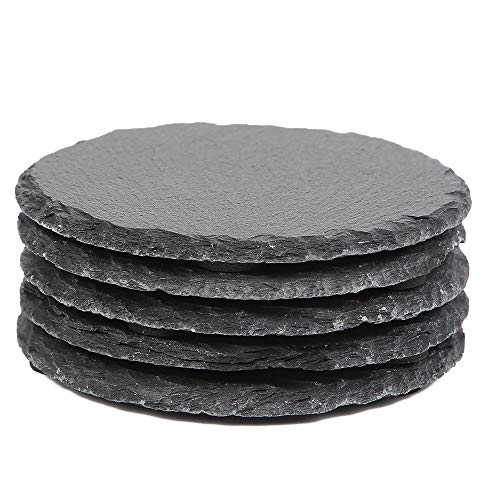 ACKEIVTO Slate Stone Drink Coasters - Set of 6 Round Black Natural Edge Stone Drink Coasters for Bar and Home- 4" x 4"